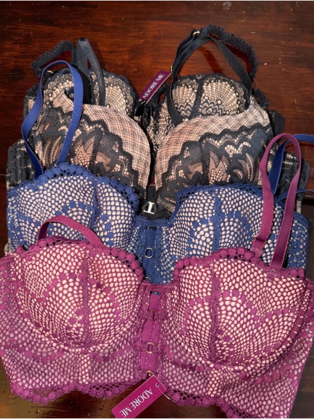 Adore Me Lace Longline Bra Trio in Plum, Navy & Black